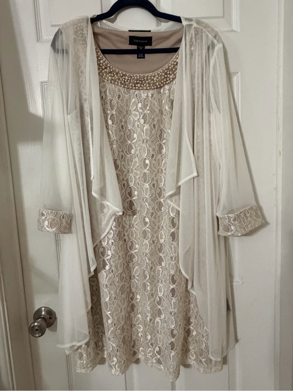 R&M Richards Cream Lace Midi Dress with Pearl Neckline
